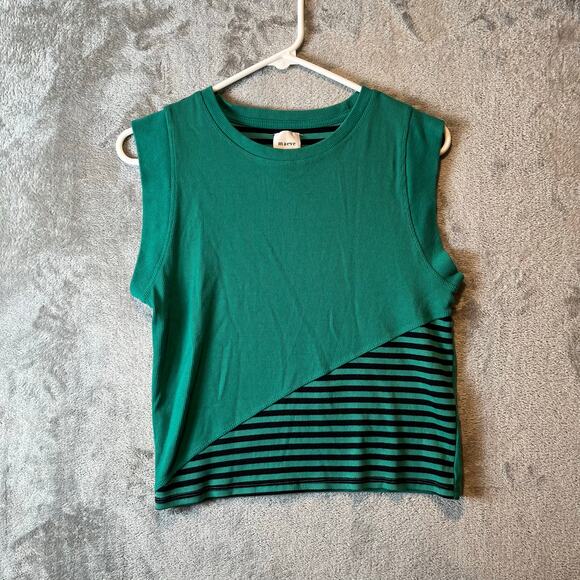 Maeve Green Asymmetrical Puff‎ Sleeve Muscle Ribbed Tee Green Black Size Medium - Picture 1 of 5